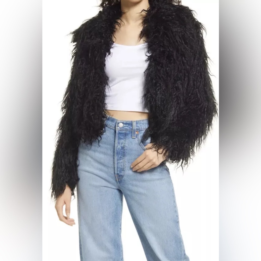 Blank NYC Faux Fur Vegan Jacket Mongolian Shaggy Black Cropped Jacket Sz L